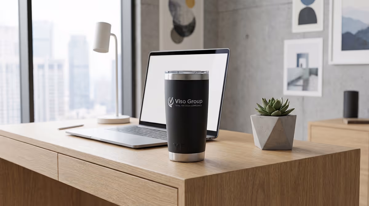 Black insulated tumbler with Viso Group logo on an office desk next to a laptop, succulent plant, and a desk lamp.