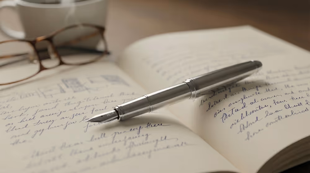 Silver fountain pen resting on an open notebook with cursive handwriting and a pair of eyeglasses nearby.