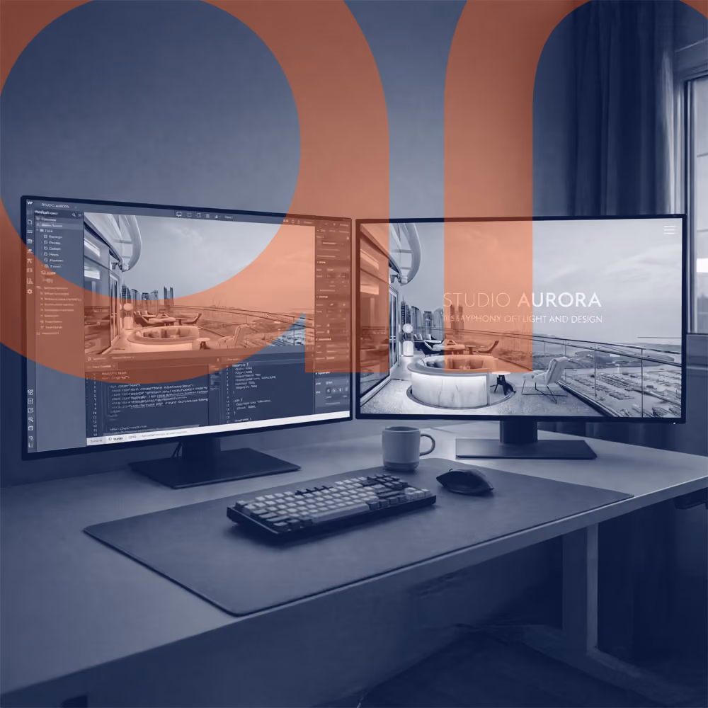 Dual curved monitors on a desk displaying a web design project with a sunset balcony view and coding interface.