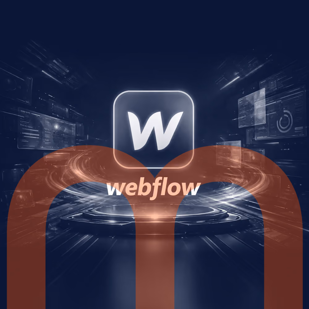 Glowing Webflow logo floating above a futuristic digital platform with swirling blue and purple light effects.