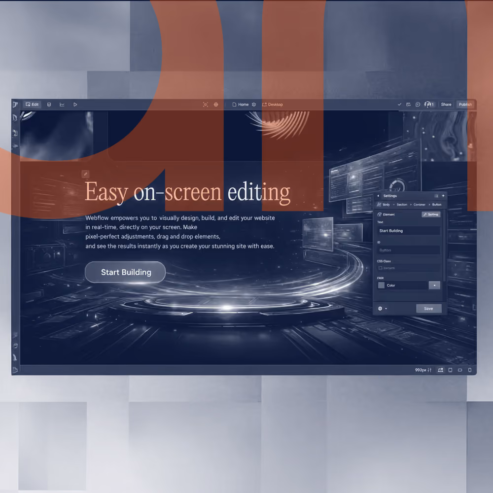 Webflow interface showing a futuristic dark-themed screen with text about easy on-screen editing and a 'Start Building' button.