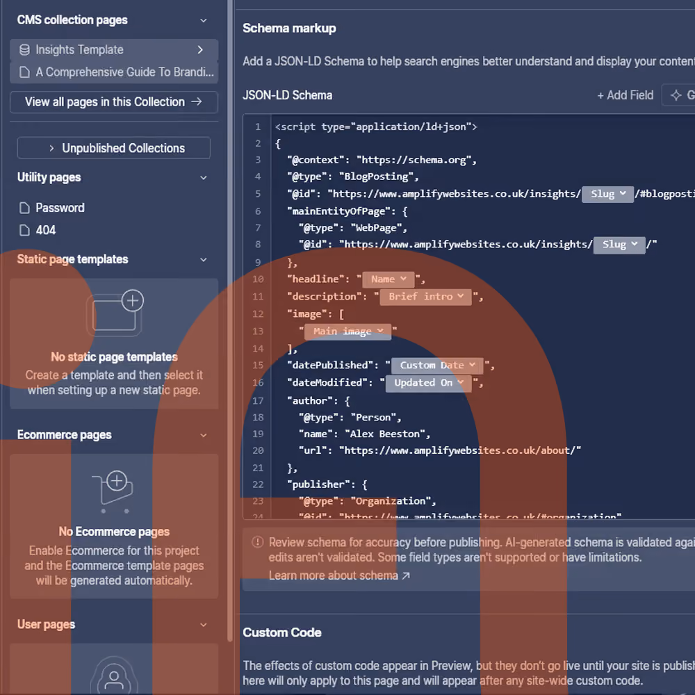 Screen showing a web page editor with JSON-LD schema markup code for a blog post, including fields for slug, name, brief intro, main image, custom date, and author details.
