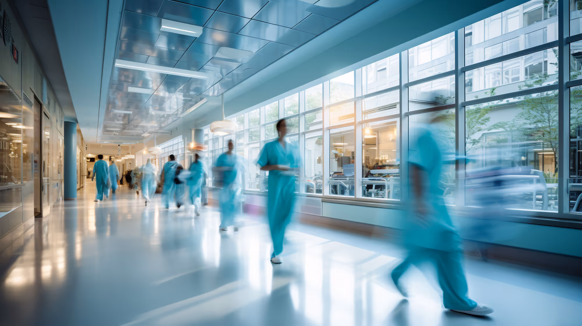 Doctors and nurses in blue scrubs walk quickly through a brightly lit hospital corridor.