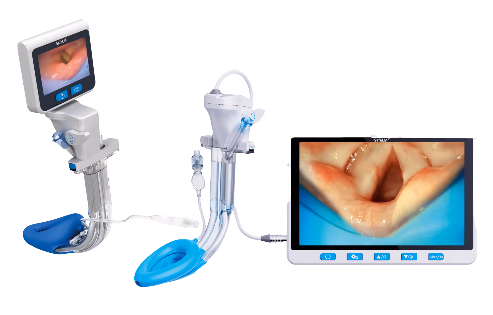 Medical device with monitors showing throat images, connected to blue and white respiratory equipment.