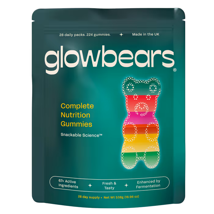 Glowbears Complete Nutrition Gummies package showing a colorful gummy bear and text highlighting 63+ active ingredients, fresh & tasty, and enhanced by fermentation.