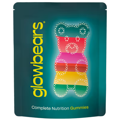Glowbears gummy candy package with a colorful gummy bear illustration and text 'Complete Nutrition Gummies'.