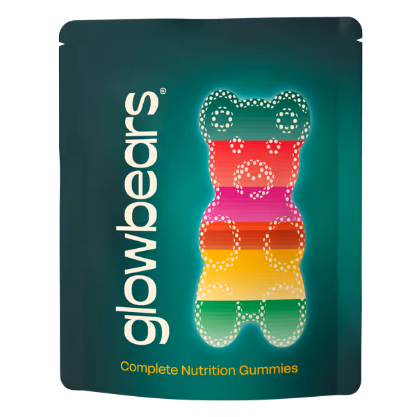 Glowbears gummy candy package with a colorful gummy bear illustration and text 'Complete Nutrition Gummies'.