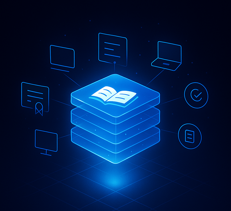 Glowing blue layered data stack with an open book icon on top, connected to icons representing technology and documents on a dark background.