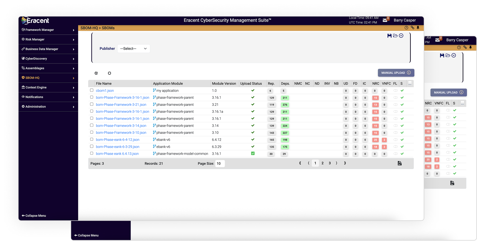 Eracent CyberSecurity Management Suite dashboard showing SBOM-HQ with a table listing JSON files, application modules, versions, upload status, and various metrics including dependencies and issue counts.