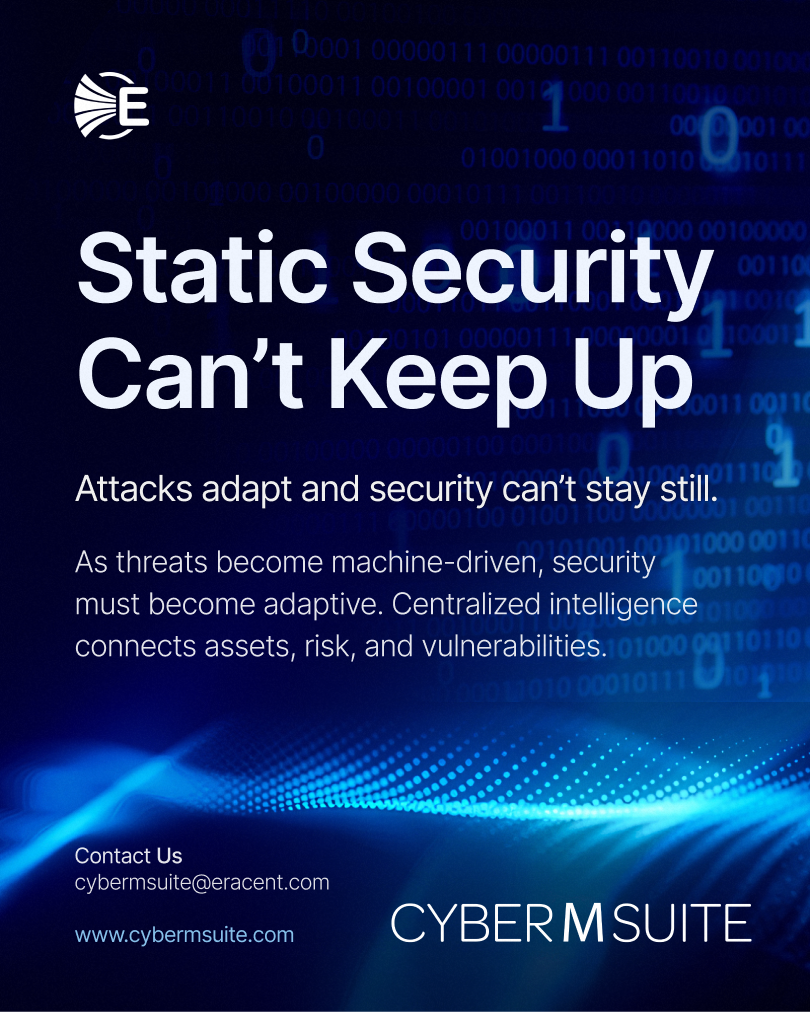 Cyber security advertisement titled 'Static Security Can’t Keep Up' with a digital wave and binary code background.