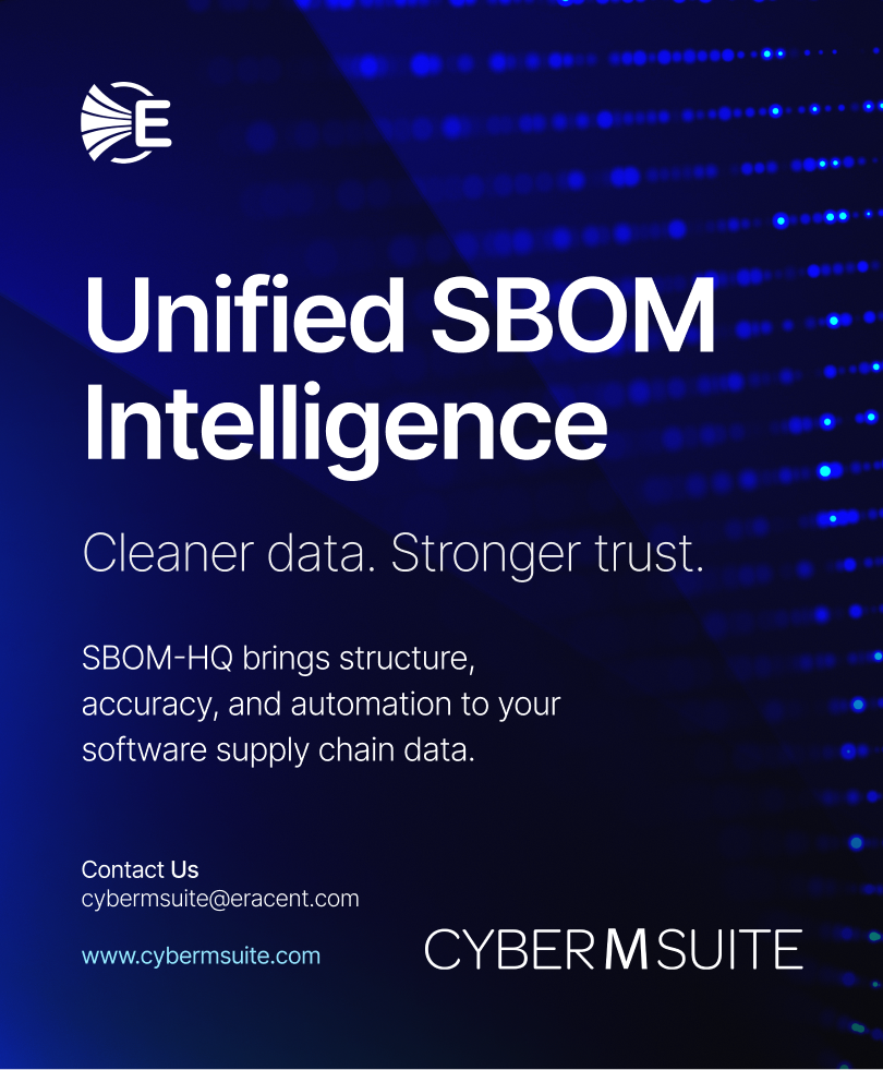 Advertisement for CyberMSuite promoting Unified SBOM Intelligence with cleaner data and stronger trust, featuring contact email and website.