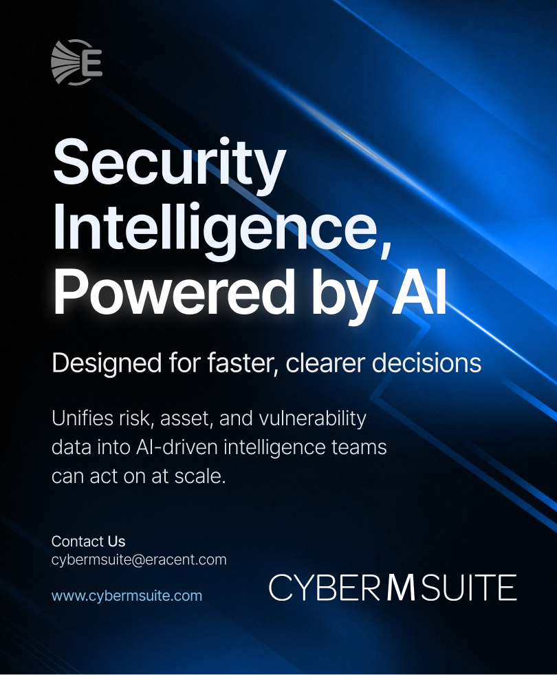 Advertisement for CyberMSuite promoting security intelligence powered by AI with contact email and website on a blue futuristic background.