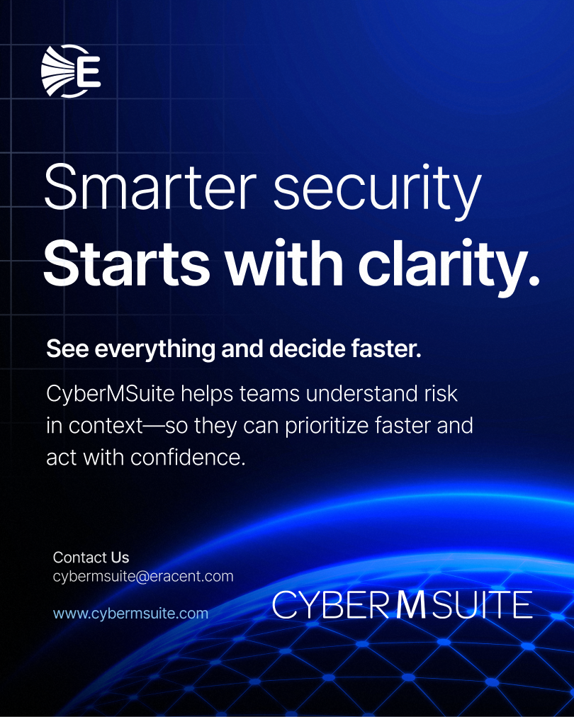 Blue grid globe with text 'Smarter security Starts with clarity' and CyberMSuite contact information on a dark blue background.