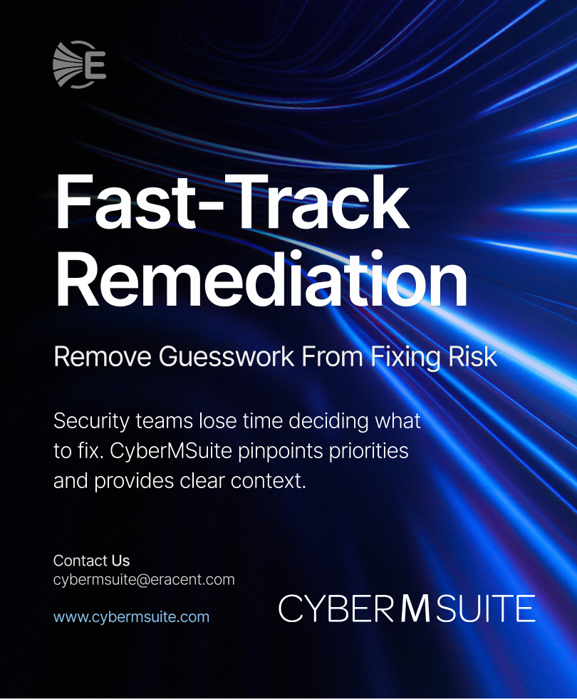 Advertisement for CyberMSuite Fast-Track Remediation with text about removing guesswork from fixing risk, contact email, and website on a blue and black abstract background.