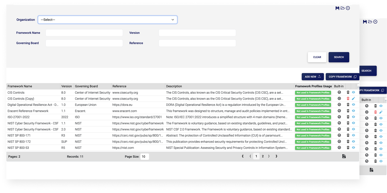 User interface showing a framework search and management panel with filters for organization, framework name, version, governing board, and reference, plus a table listing 11 cybersecurity frameworks with details like version, governing board, reference, description, usage status, and action icons.
