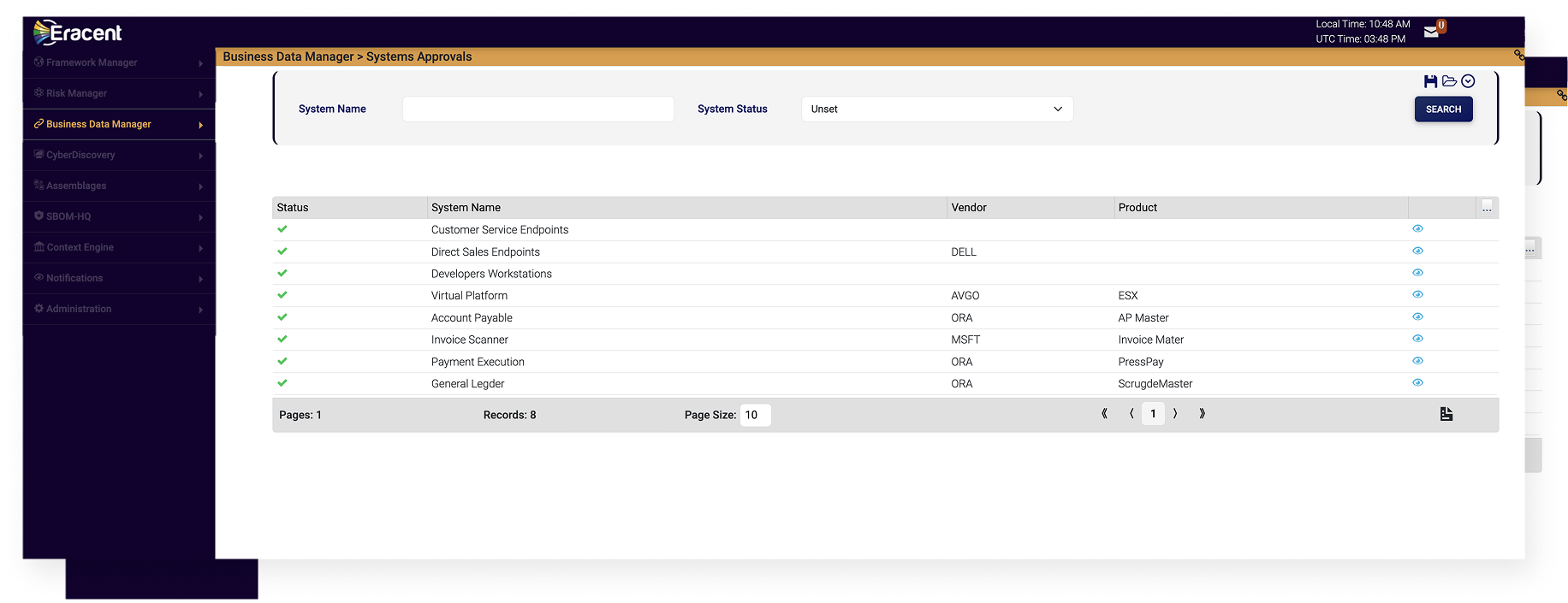 Business Data Manager interface showing Systems Approvals with a table listing system names, vendors, products, statuses, and options to search or navigate pages.
