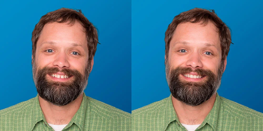 Side-by-side portraits of a bearded man smiling against a blue background, wearing a green checkered shirt.