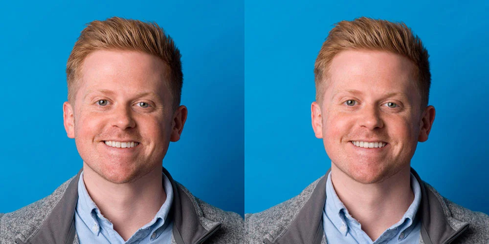 Side-by-side portraits of a smiling man with short red hair against a blue background.