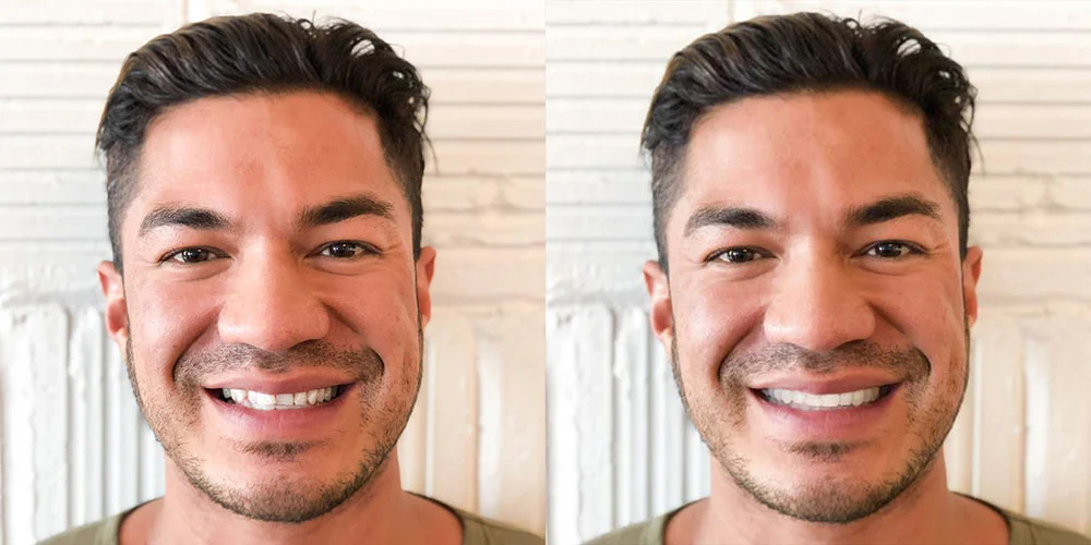 Side-by-side photos of a smiling man with short dark hair and a trimmed beard against a white brick wall.
