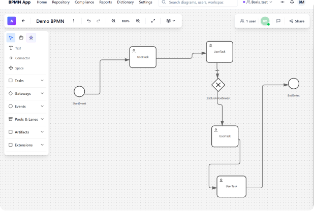 Screenshot of BPMN App interface displaying a process diagram with user tasks, an exclusive gateway, and start and end events on a grid background.
