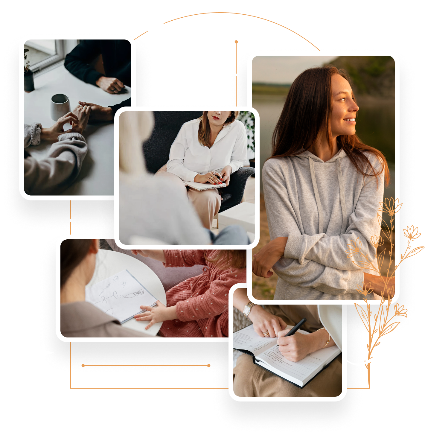 Portraits of two people: a man in a light gray blazer and white shirt sitting near a window with yellow foliage outside, and a woman with blonde curly hair wearing a white blouse and blue jeans reclining on a patterned cushion.