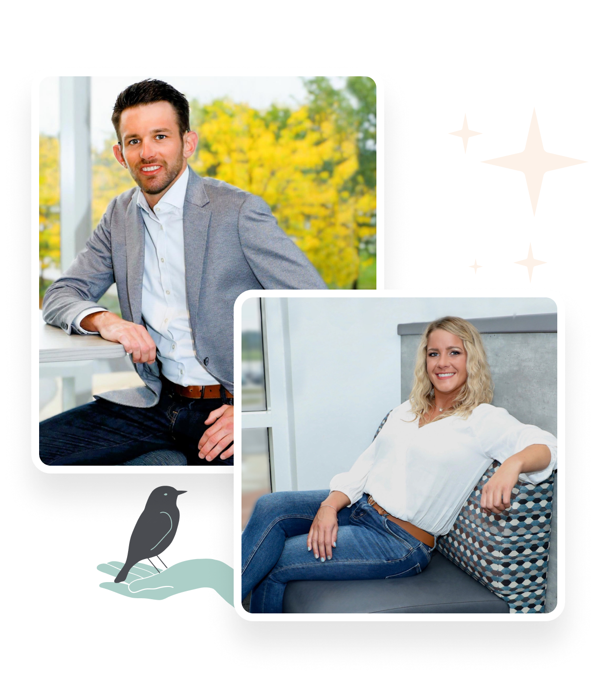 Collage of two portraits with a man in a gray blazer sitting by a window with yellow trees outside, and a woman in a white blouse and jeans reclining on a patterned couch.