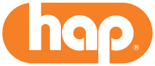 HAP logo in white letters on an orange rounded rectangular background.