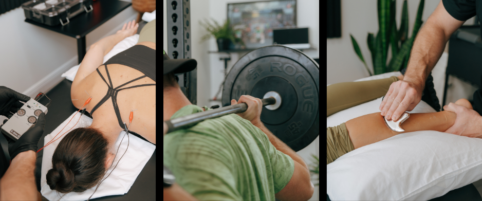 Triptych showing physical therapy with electrical stimulation on a woman's back, a man lifting a barbell, and manual therapy scraping on a person's leg. Tropic Athlete