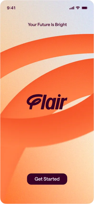 Mobile app screen with orange abstract shapes, text saying 'Your Future Is Bright' and 'Flair,' and a purple Get Started button.