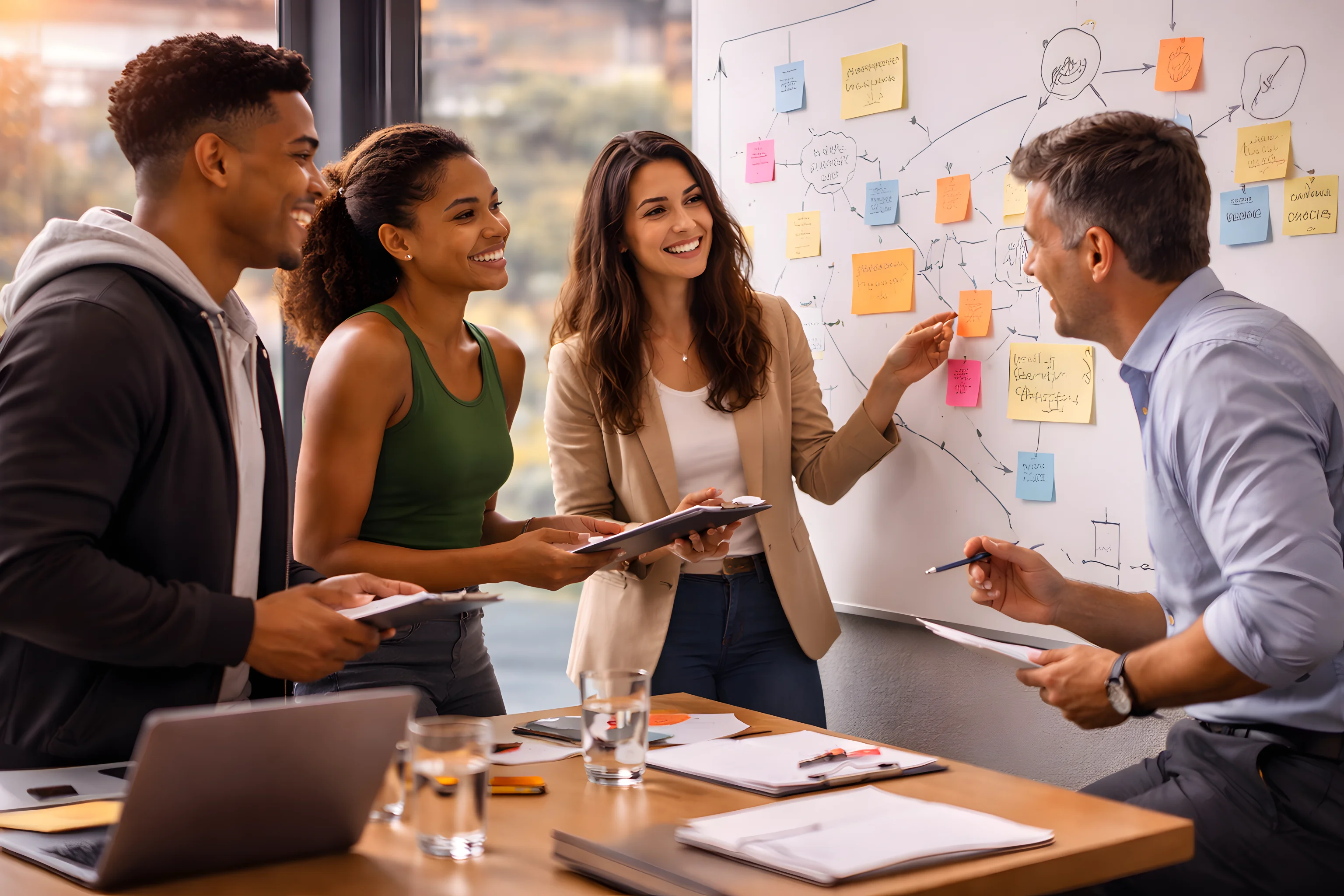 Four colleagues smiling and collaborating in a meeting room with sticky notes on a whiteboard.