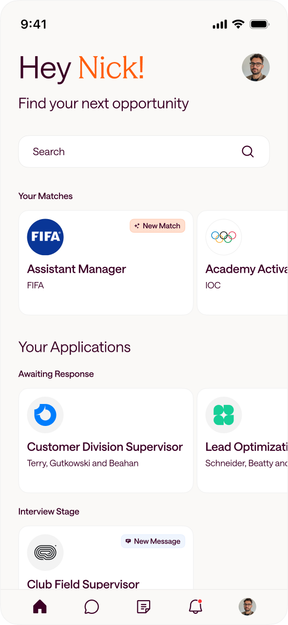 Mobile job search app screen greeting user Nick, showing matches for Assistant Manager at FIFA and Academy Activator at Puma, applications awaiting response and interview stage with new messages.