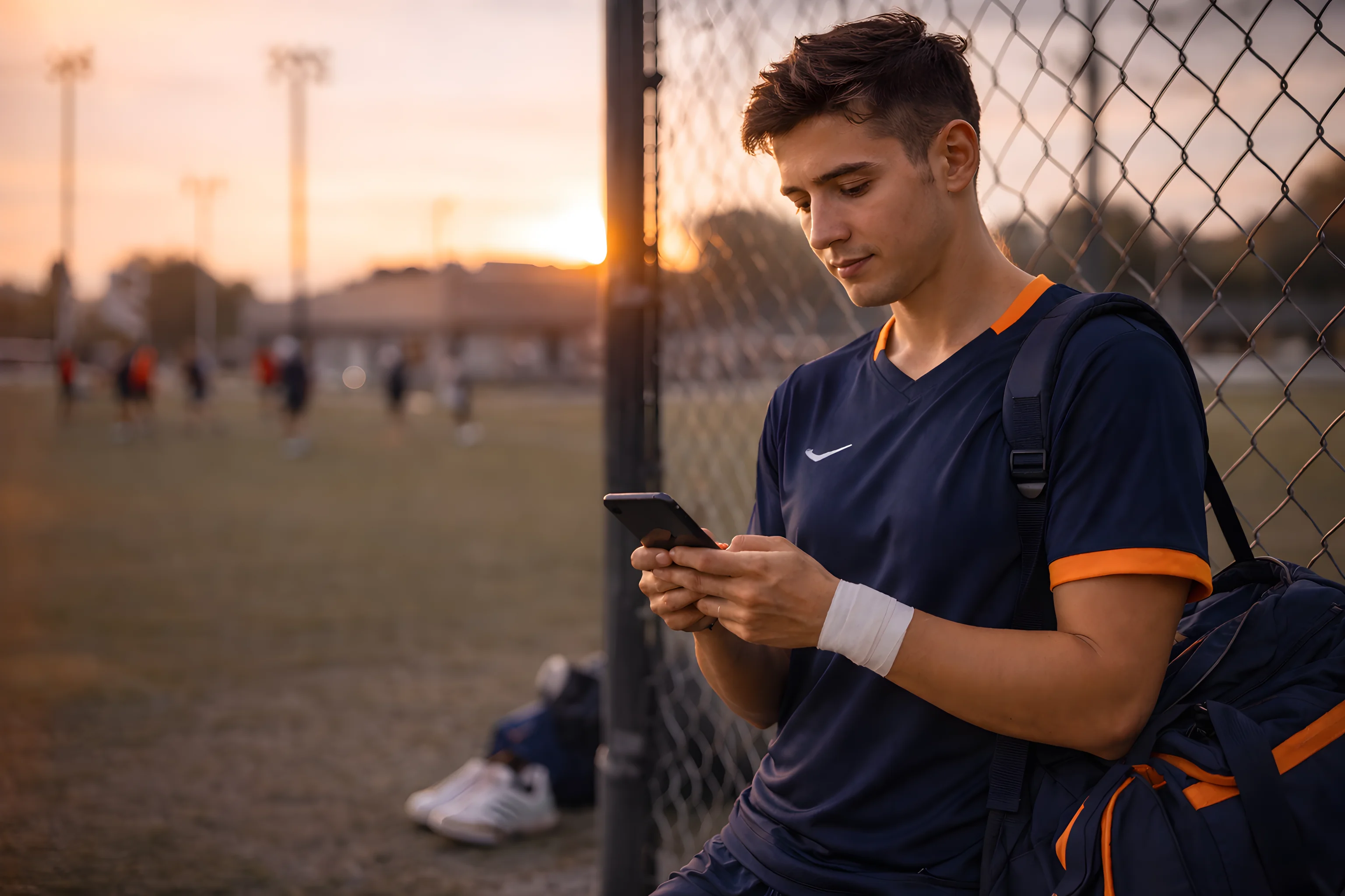 Young male athlete wearing navy and orange sportswear looking at his smartphone while leaning against a chain-link fence at a sports field during sunset.