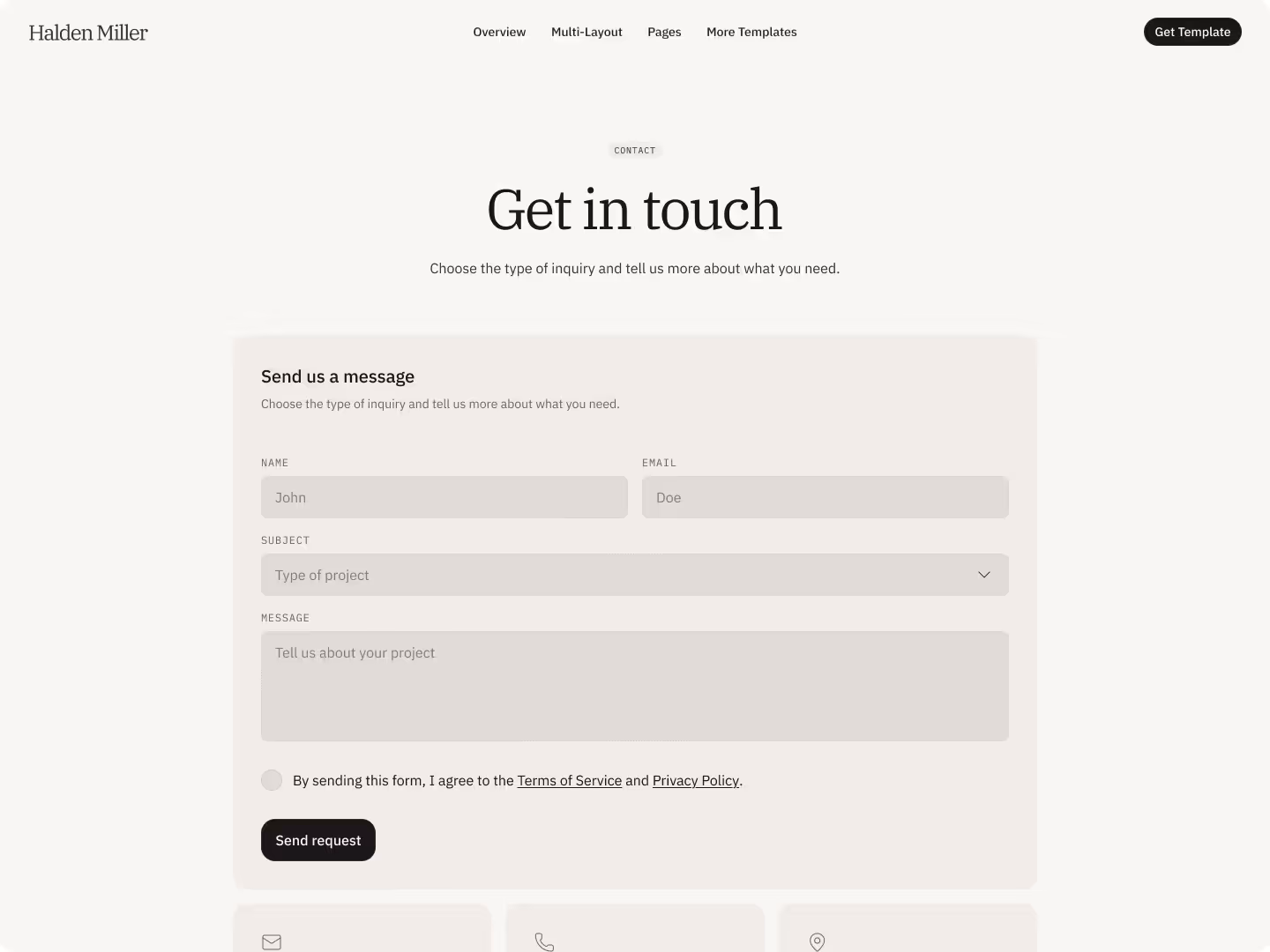 Contact page with form fields for name, email, and message on a minimal background.