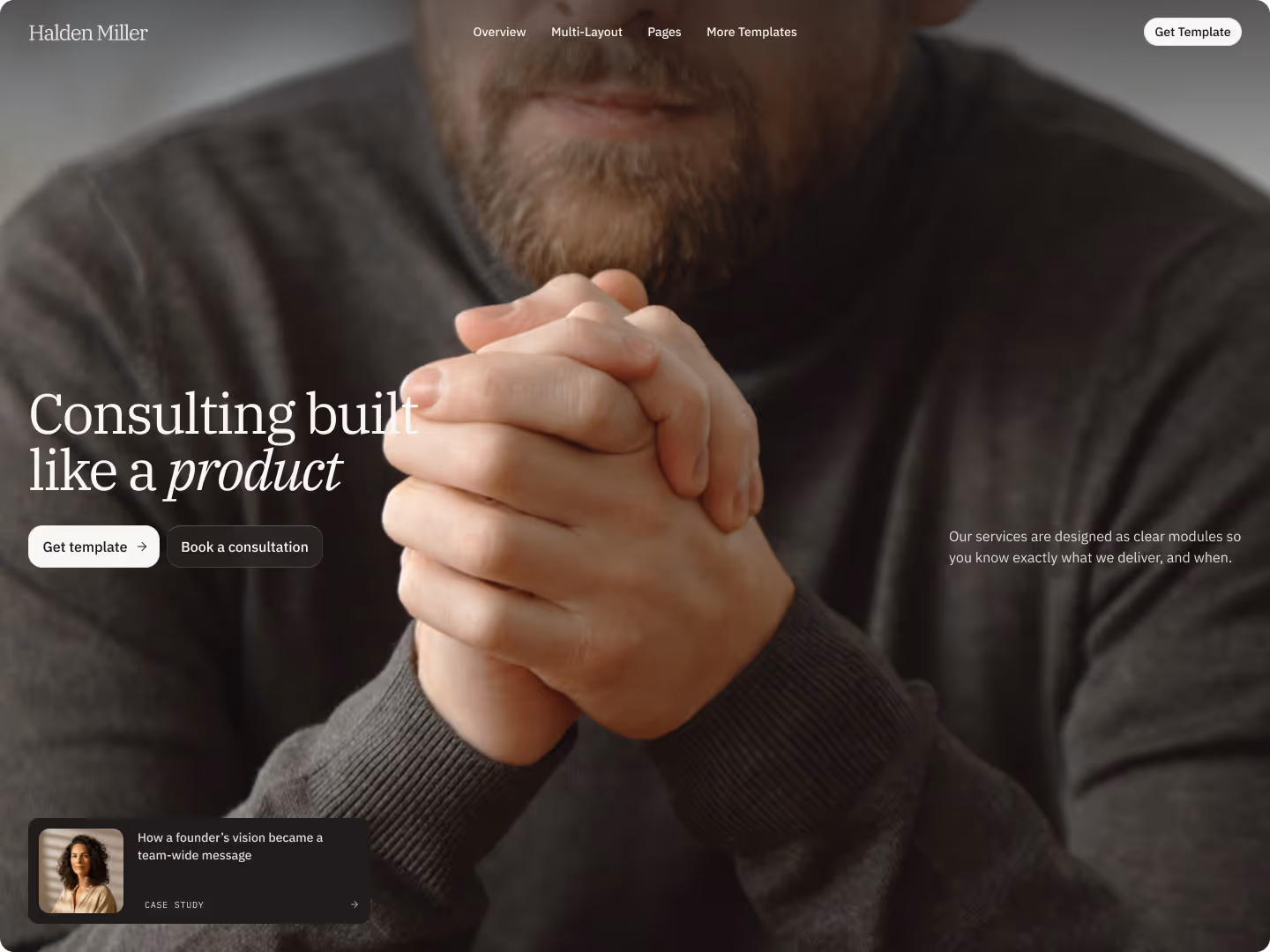 Homepage hero section with large portrait photo and welcoming headline in dark minimal design.