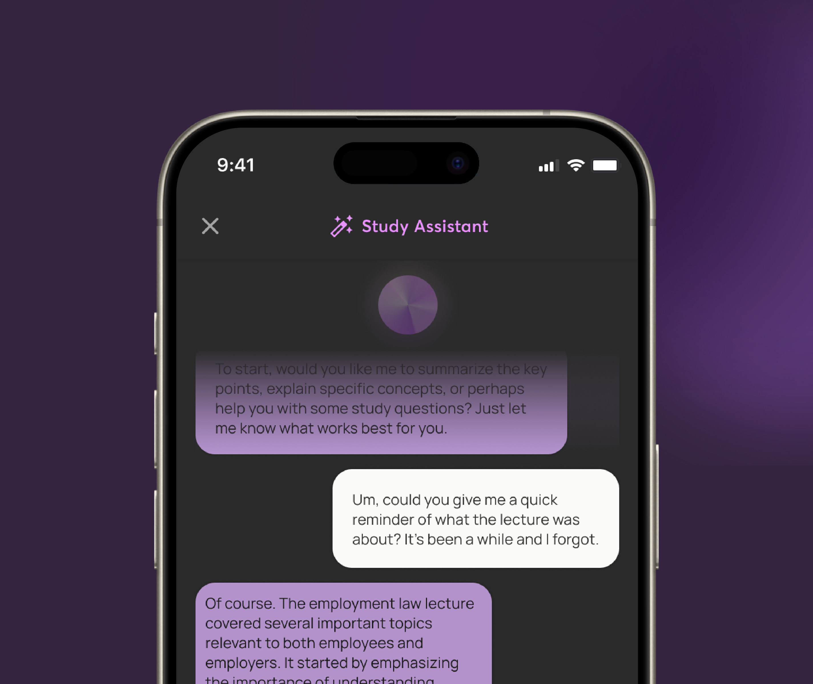 Mobile phone screen showing Messenger Pigeon's Study Assistant chat with purple and white text bubbles discussing a summary of an employment law lecture.