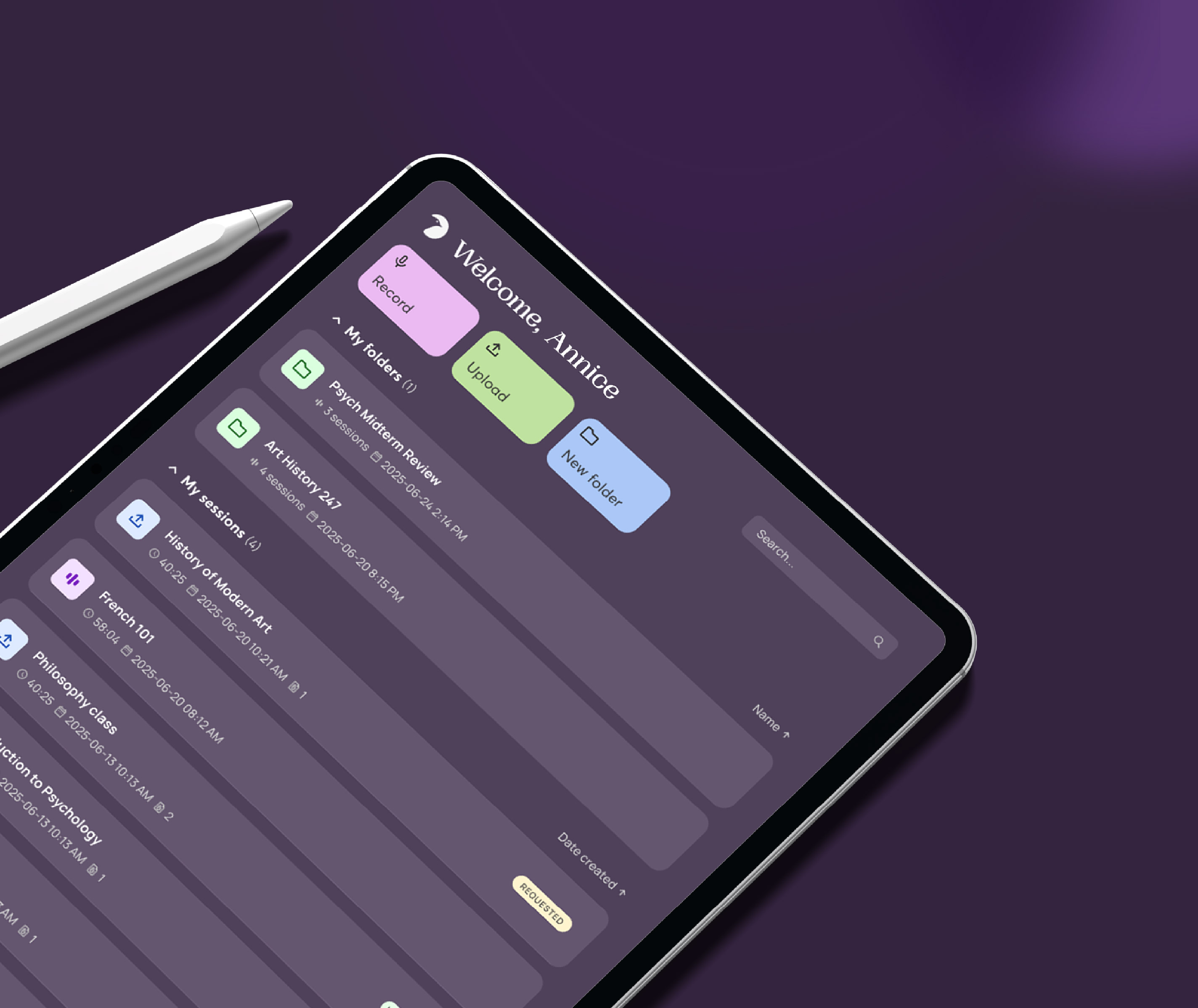 Tablet screen showing a digital folder interface with options to Record, Upload, and create a New folder, and a list of folders and sessions under the user name Annice.