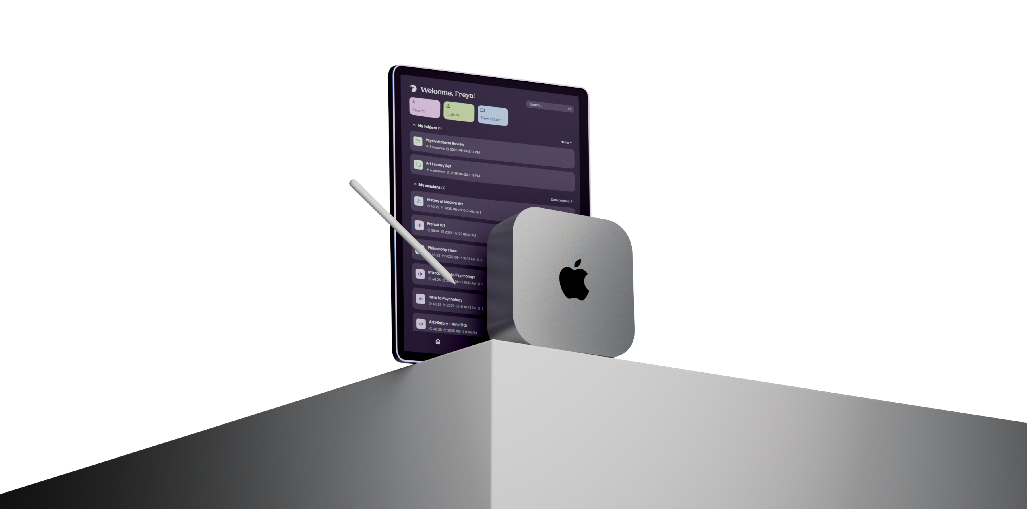 Mini Mac computer with Apple logo next to a tablet displaying a dark-themed study app interface.