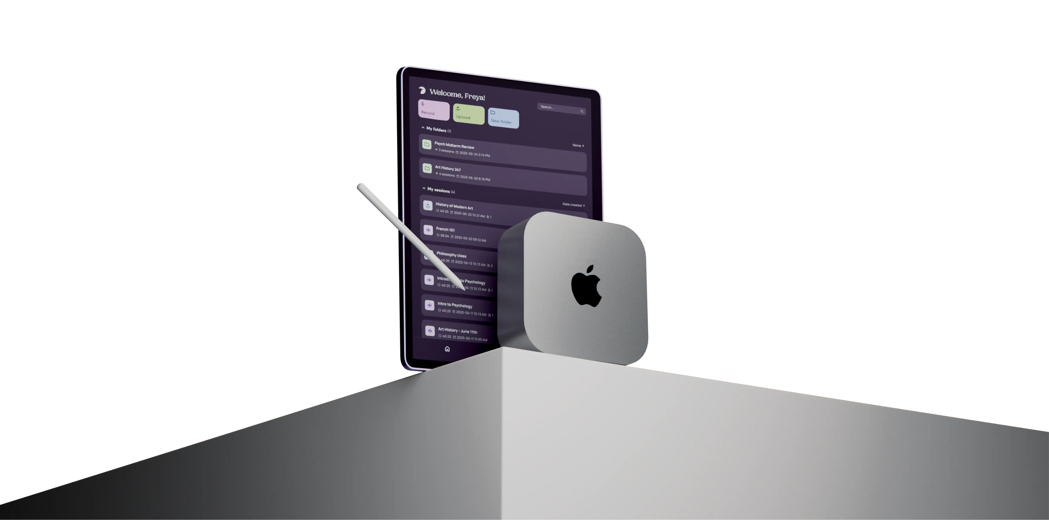 Mini Mac computer with Apple logo next to a tablet displaying a dark-themed study app interface.