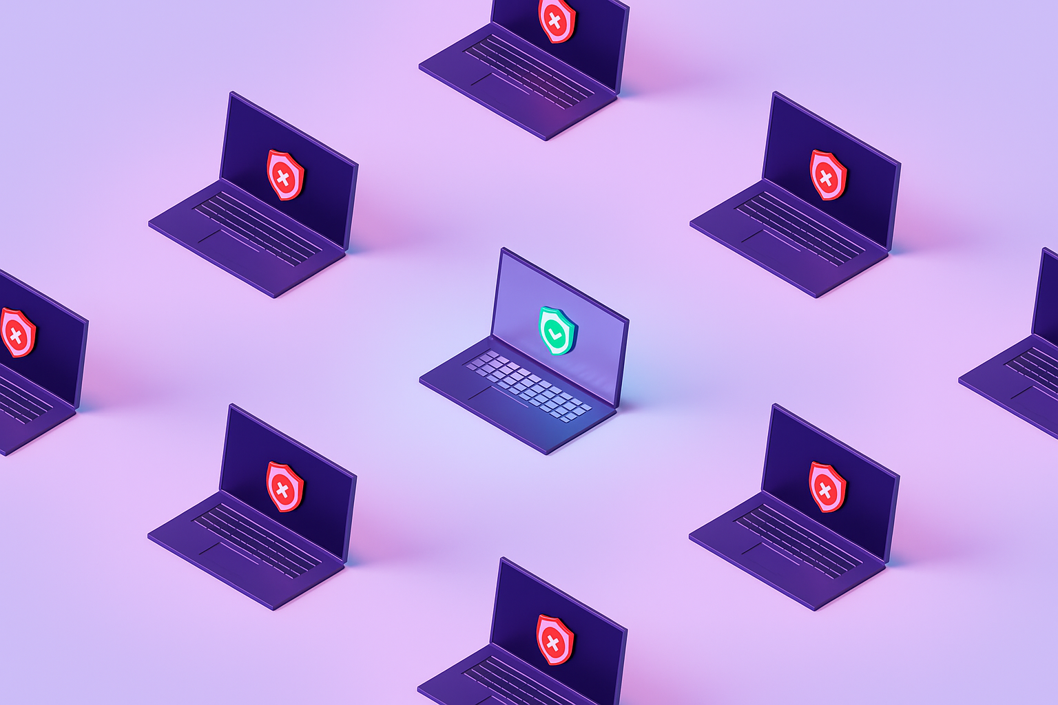 A purple background with rows of laptops, featuring security badges in the center of the screens. All laptops have a red badge with an X, except for the middle laptop, which has a green badge with a check mark.