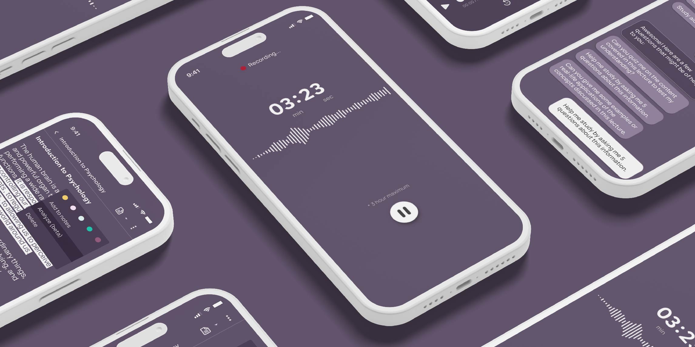 Multiple phones displaying pages of the Messenger Pigeon App, with the central phone showing the recording interface.