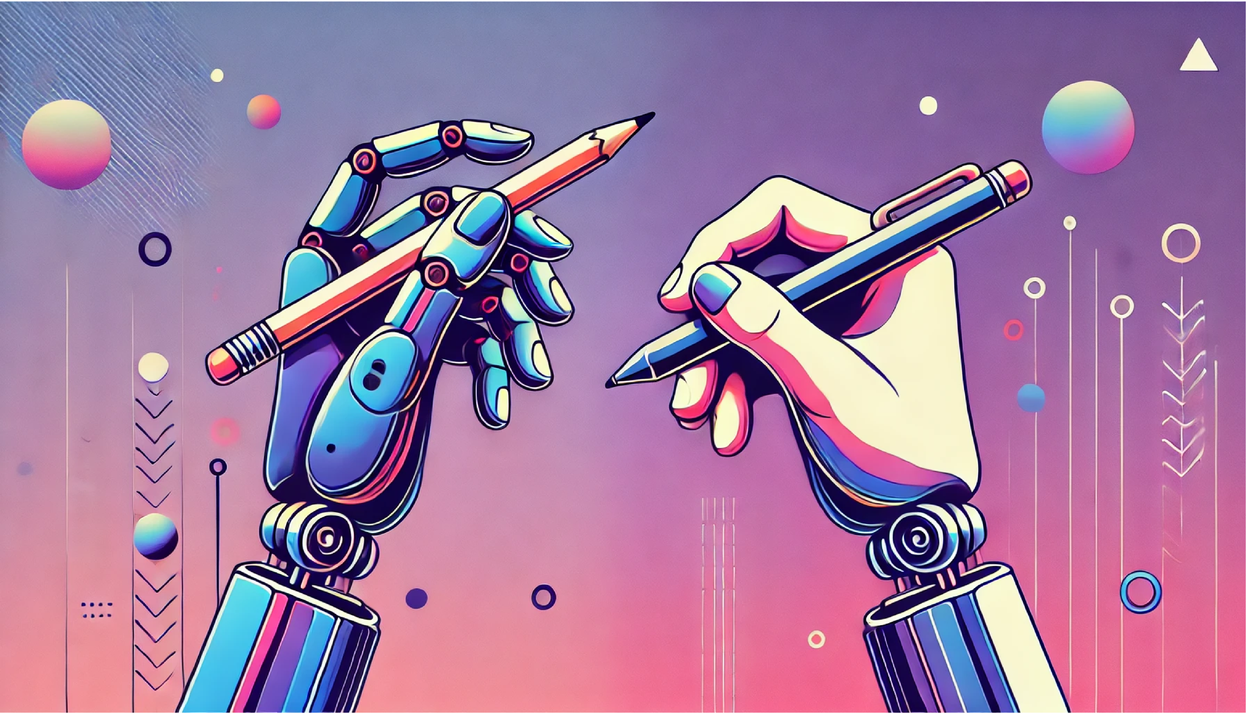 Illustration of two hands and wrists. The left hand is fully robotic and holding a pencil. The Right hand is human with some mechanical elements, holding a mechanical pencil.