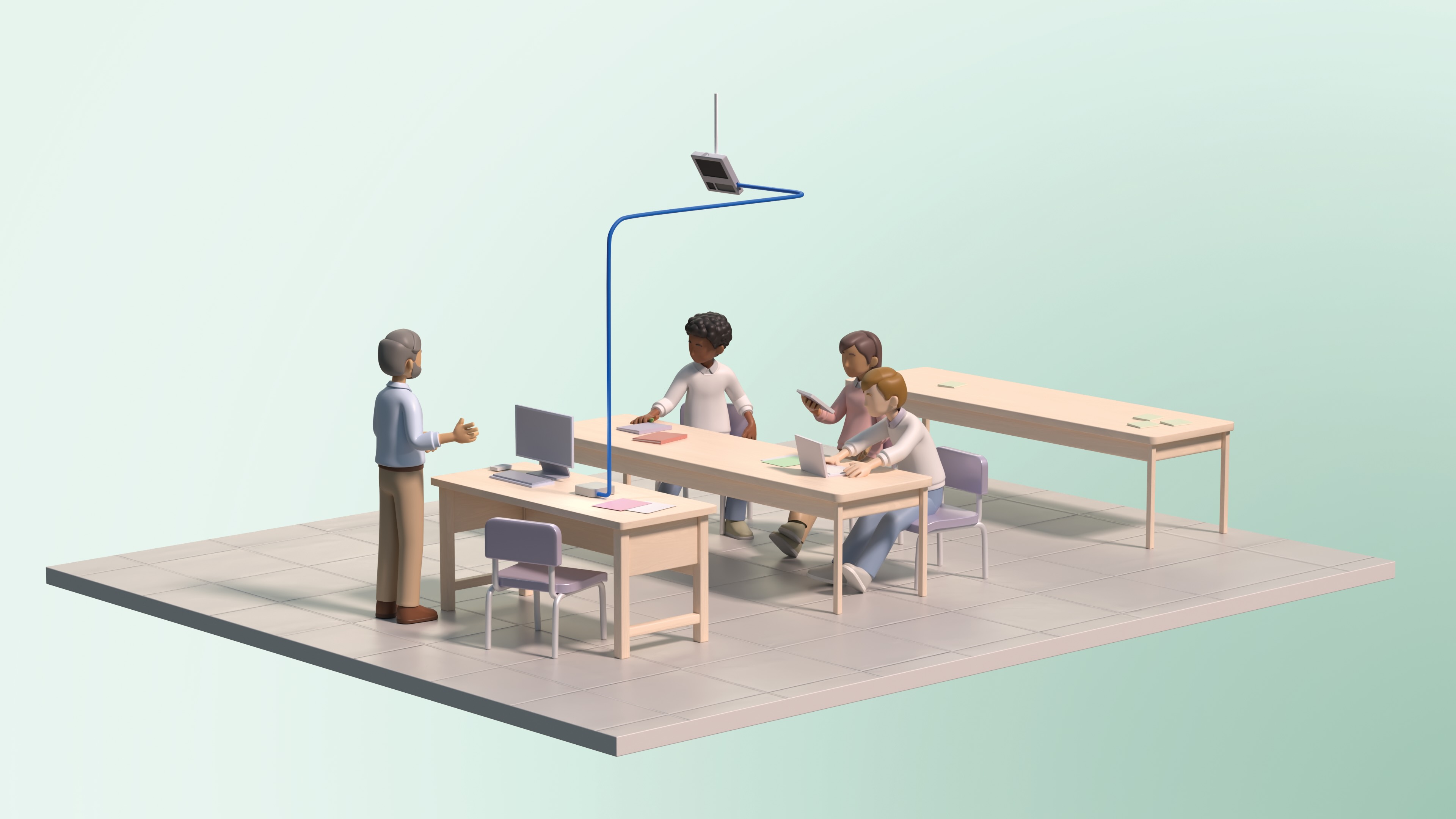 Rendered image of a classroom showing how the podium solution camera and mac mini interact