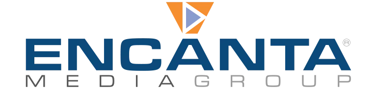 Encanta Media Group logo with blue wordmark and orange play symbol
