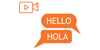 Icon representing video content adaptation with multilingual speech bubbles and a video camera