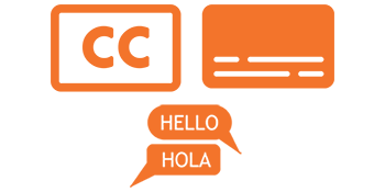 Icon representing captions and subtitling with CC symbol, subtitle lines, and multilingual speech bubbles