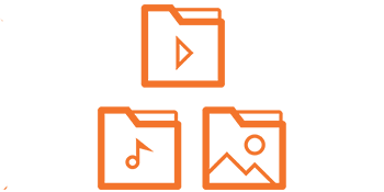 Icon with folders containing video, audio, and image symbols representing media asset management services