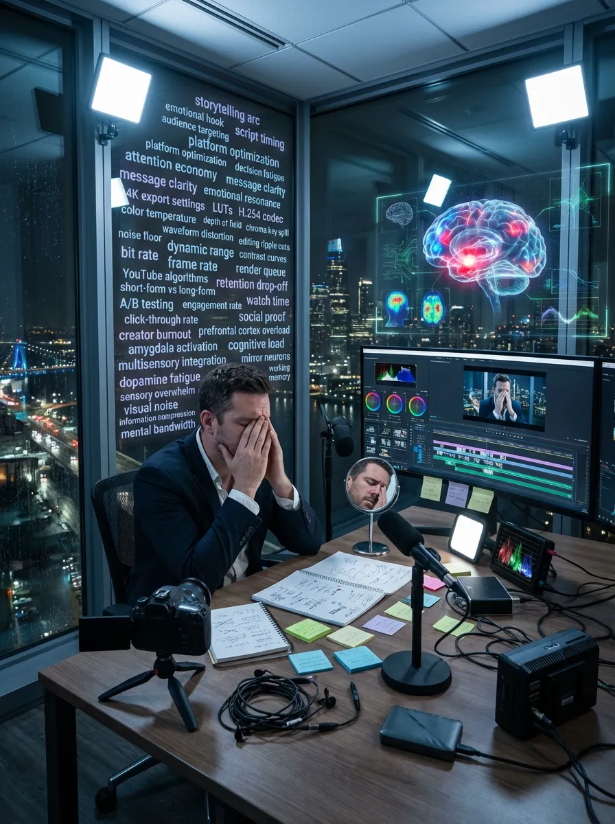 Frustrated video creator in a high-rise office surrounded by editing screens, post-it notes, and technical jargon, symbolizing the complexity of producing effective video content