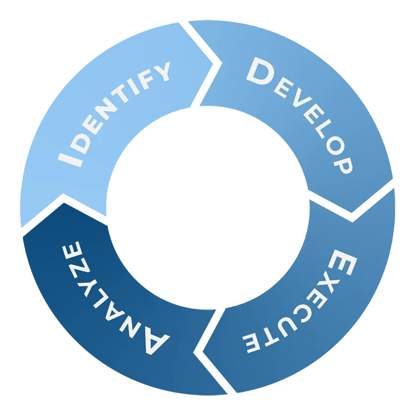 Circular diagram illustrating the IDEA Methodology: Identify, Develop, Execute, and Analyze.