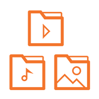 Icon with folders containing video, audio, and image symbols representing media asset management services