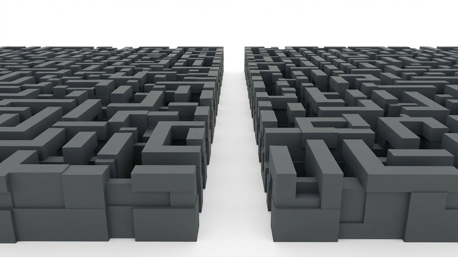 An overhead view of a dense, dark gray 3D maze on both sides, with a clean white path running straight through the center, symbolizing clarity and direction emerging from confusion.